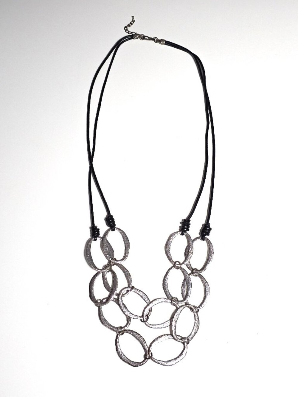 Black leather & hammered metal necklace